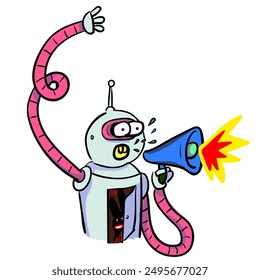 robot screaming into a megaphone in cartoon style. Object for poster sticker design