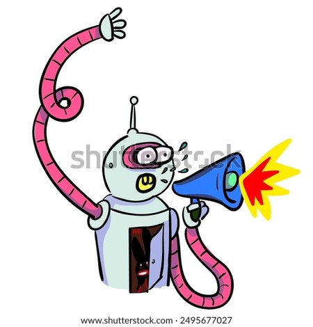 robot screaming into a megaphone in cartoon style. Object for poster sticker design