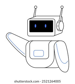 Um robô com uma face na tela, antenas e braço levantado está acenando. Cores simples e linhas limpas melhoram o tema amigável à tecnologia. Perfeito para tecnologia, educação, robótica, conceitos de IA e modernos