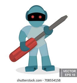 Robot with a screwdriver. Working. Simple flat illustration. For your design.
