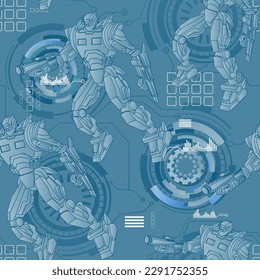 Robot seamless pattern in blue monochrome colors on digital background. Endless robots print. Cyber man character. Robotically hero