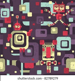 Robot seamless pattern in cartoon style. Vector retro texture.