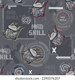 Robot seamless pattern. Digital repeat ornament with robots faces, arrows, text, microcircuit. Cyberpunk mask cover wrapping paper. Cyborg face endless print