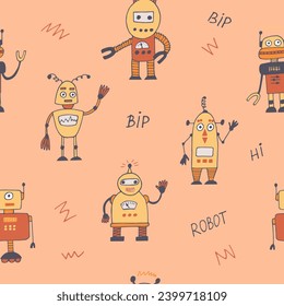 robot seamless pattern hand drawn in doodle style. cartoon character for kids room decor and clothes.