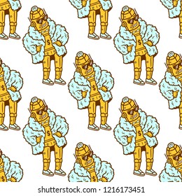 Robot Seamless Pattern. Hand-drawn Robot Seamless Pattern. Cartoon Robot with Blue fur coat seamless pattern on white background isolated. Stock Vector Illustration. Cartoon style. 