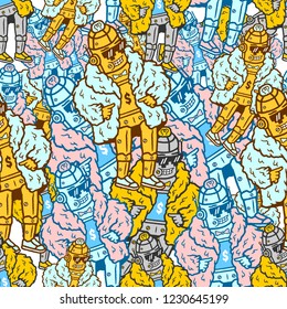Robot Seamless Pattern. Hand-drawn Robot Seamless Pattern. Cartoon Robot with Blue fur coat seamless pattern.Cartoon Robot with Pink fur coat seamless pattern. Stock Vector Illustration. Cartoon style