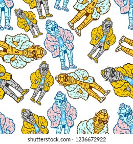 Robot Seamless Pattern. Hand-drawn Robot Seamless Pattern. Cartoon Robot with fur coat seamless pattern on white background isolated. Stock Vector Illustration. Cartoon style.