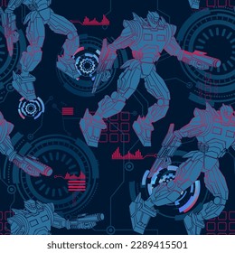 Robot seamless pattern on digital background. Robotically body. Robotic man repeat print for sport textile, fashion clothes, wrapping paper.