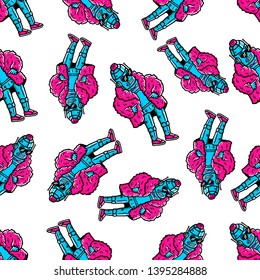 Robot Seamless Pattern. Pink Robot. Retro wave,  Hand-drawn Robot Seamless Pattern on white background isolated. Stock Vector Illustration. Cartoon style. 