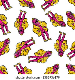 Robot Seamless Pattern. Pink Robot. Robot Vapor Wave, Retro wave, Synthpop Style. Hand-drawn Robot Seamless Pattern on white background isolated. Stock Vector Illustration. Cartoon style. 