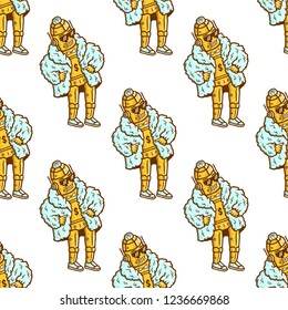 Robot Seamless Pattern. Robot with Sunglasses. Cartoon Robot with blue fur coat seamless pattern on white background isolated. Stock Vector Illustration. Cartoon style.