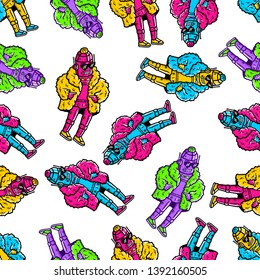 Robot Seamless Pattern. Robot with Sunglasses. Cartoon Robot with fur coat seamless pattern on white background isolated. Stock Vector Illustration. Cartoon style. Vapor Wave, Synthpop Style. 