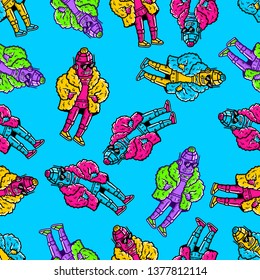 Robot Seamless Pattern. Robot Vapor Wave, Retro wave, Synthpop Style. Hand-drawn Robot Seamless Pattern on blue background isolated. Stock Vector Illustration. Cartoon style. 
