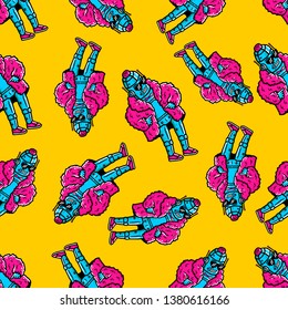 Robot Seamless Pattern. Robot Vapor Wave, Retro wave, Synthpop Style. Hand-drawn Robot Seamless Pattern on yellow background isolated. Stock Vector Illustration. Cartoon style. 