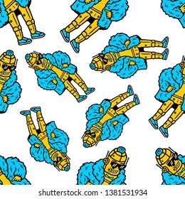Robot Seamless Pattern. Robot Vapor Wave, Retro wave, Synthpop Style. Hand-drawn Robot Seamless Pattern on white background isolated. Stock Vector Illustration. Cartoon style. 