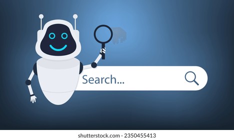 Robot in search bar looking through magnify glass. Concept of searching, finding, information service, Q and A, customer support, find the answer. Vector illustration
