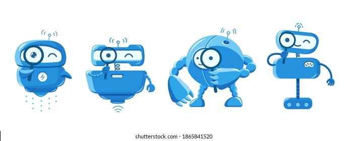 Robot search mascot and loupe. look for the information. With magnifying glass. Different types. Small blue smart character. Cartoon vector flat.