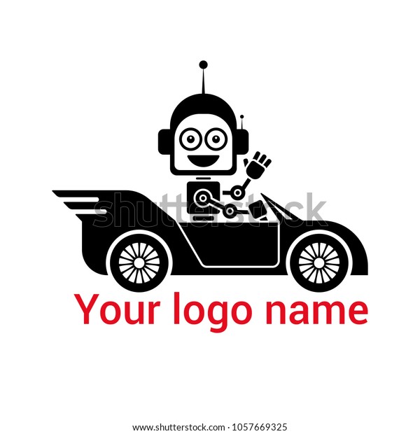A robot\
seated by a car. Black-and-white robot riding in the car. The text\
is your logo name. Vector\
illustration.