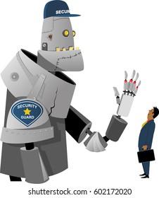 Robot security guard stopping a businessman, EPS 8 vector illustration