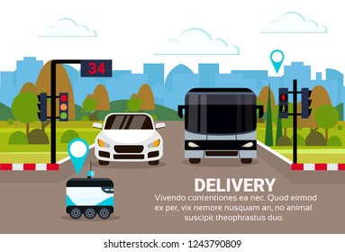 robot self drive fast delivery goods crossing city traffic road way navigation destination geo tag cityscape city car robotic carry concept horizontal banner copy space flat