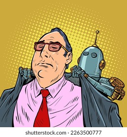 Robot servant of man. An artificial mechanism puts a coat on the boss. Pop art retro vector illustration 50s 60s style kitsch vintage