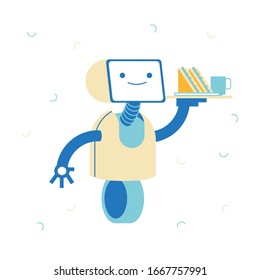 Robot Service, Artificial Intelligence Concept. Ai Waiter Character, Robotic Assistant Serving Clients in Cafe or Restaurant. Smiling Bot with Sandwich and Cup on Tray. Linear Vector Illustration