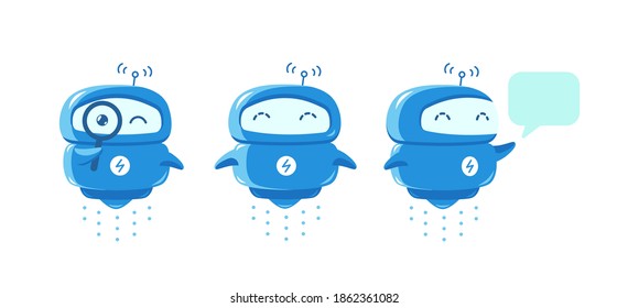 Robot service mascot. Support chatbot dialog message. Automatic search. Small blue flying smart character. Cartoon vector flat.