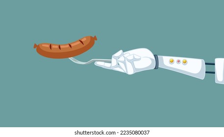 
Robot Serving Artificial Vegan Meat Vector Concept Illustration. Lab grown vegetarian product served by a robotic hand 
