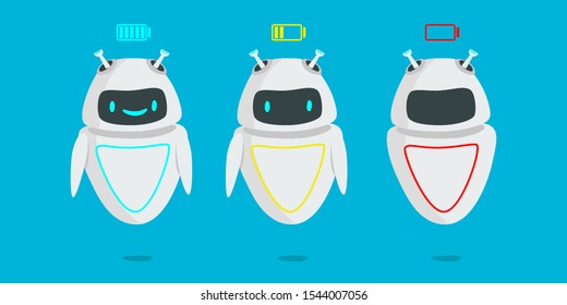 Robot set with charging status flat vector illustration. The concept of charging, discharging robotic batteries and artificial intelligence technology. Three robots, charged, low battery and requires