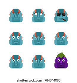 Robot set emoji avatar. sad and angry face. guilty and sleeping. Cyborg sleeping emotion face. Robotic man Eggplant. Vector illustration