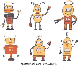 robot set hand drawn in doodle style. cartoon character for kids room decor and clothes