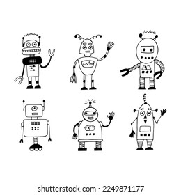 robot set hand drawn in doodle style. cartoon character for kids room decor and clothes.