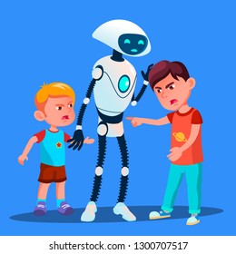 Robot Sets Apart Two Boys Fighting Kids Vector. Isolated Illustration