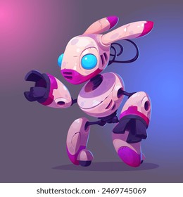 A robot in the shape of a rabbit that roller skates and has 3 mechanical fingers instead of paws.