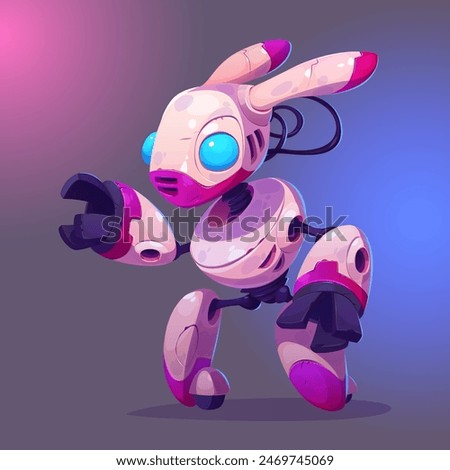 A robot in the shape of a rabbit that roller skates and has 3 mechanical fingers instead of paws.