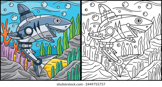 Robot Shark Coloring Page Colored Illustration