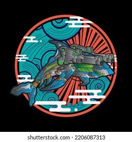 robot shark illustration design with retro japanese style background