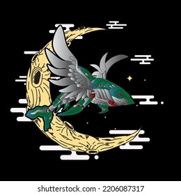 robot shark illustration design with retro japanese style background