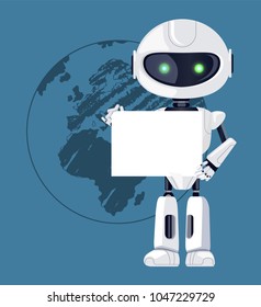 Robot with sheet of paper, and green glowing eyes, white robotic creature and planet Earth image, vector illustration isolated on blue background