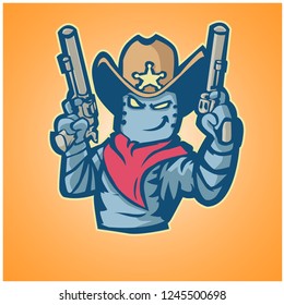 robot sheriff with cowboy hat red bandana on the neck and two guns
