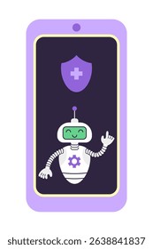 Robot and shield with cross on the smartphone screen. Concept of digital security and technical support. Isolated vector illustration.