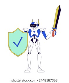 Robot con escudo y espada 2D personaje de dibujos animados lineal. Línea aislada humanoide de seguridad cibernética Vector personage fondo blanco. Ilustración de punto plano de color de tecnología de ciberprotección