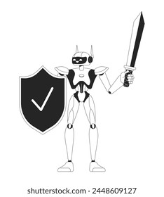 Robot con escudo y espada blanco y negro 2D línea de personaje de dibujos animados. Personaje de contorno de Vector aislado humanoide de ciberseguridad. Ilustración monocromática de punto plano de la tecnología de la ciberprotección