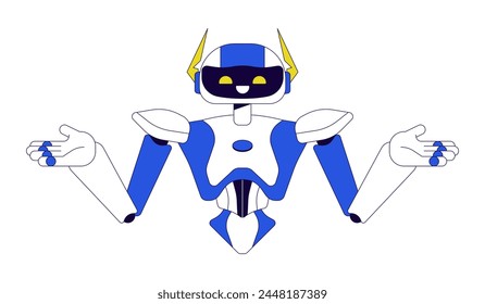 Robot shoulders shrugging 2D linear cartoon character. I dont know. Confused humanoid isolated line vector personage white background. Intelligence artificial arms out color flat spot illustration