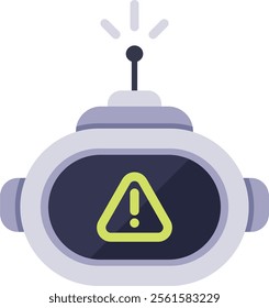 Robot showing warning alert sign on screen and flashing antenna, potential error or malfunction, artificial intelligence concept, flat vector illustration isolated on white background