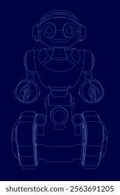 Robot is shown in blue with a head and eyes. The robot is designed to look like a human, with a head and arms. The robot is standing on a platform with wheels