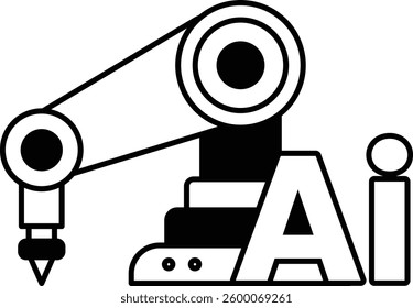 A robot is shown with the letters AI on it In black and white line style
