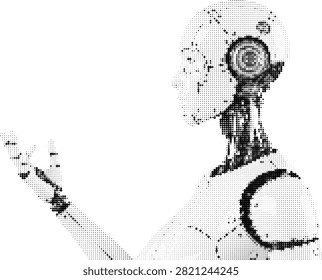Robot side view portrait, detailed mechanical neck, reaching hand, science fiction art.