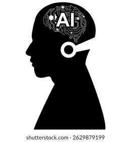 Robot silhouette with AI brain circuit inside human head concept. Ideal for artificial intelligence, robotics, machine learning, and futuristic technology content in science or tech illustrations.