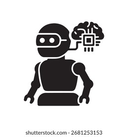 Robot silhouette connected to a stylized brain with integrated circuit silhouette